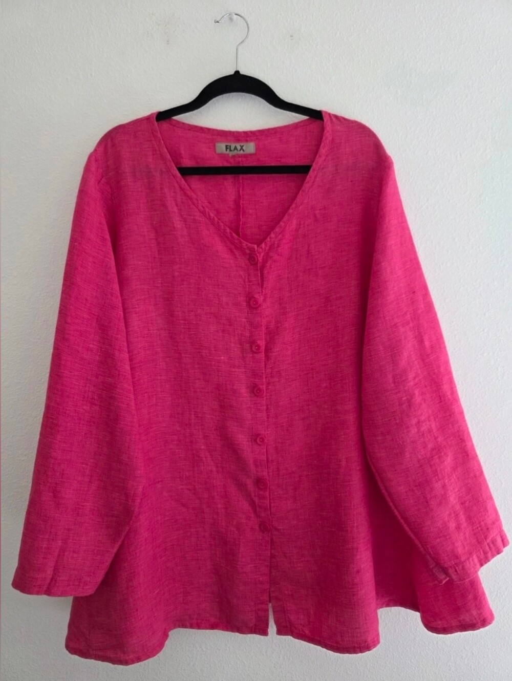 FLAX 100% Linen Button Front Blouse Crimson V-Neck Long Sleeve Bust 54" Sz 24W